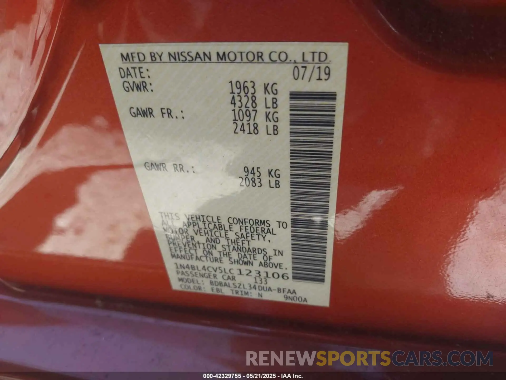 9 Photograph of a damaged car 1N4BL4CV5LC123106 NISSAN ALTIMA 2020