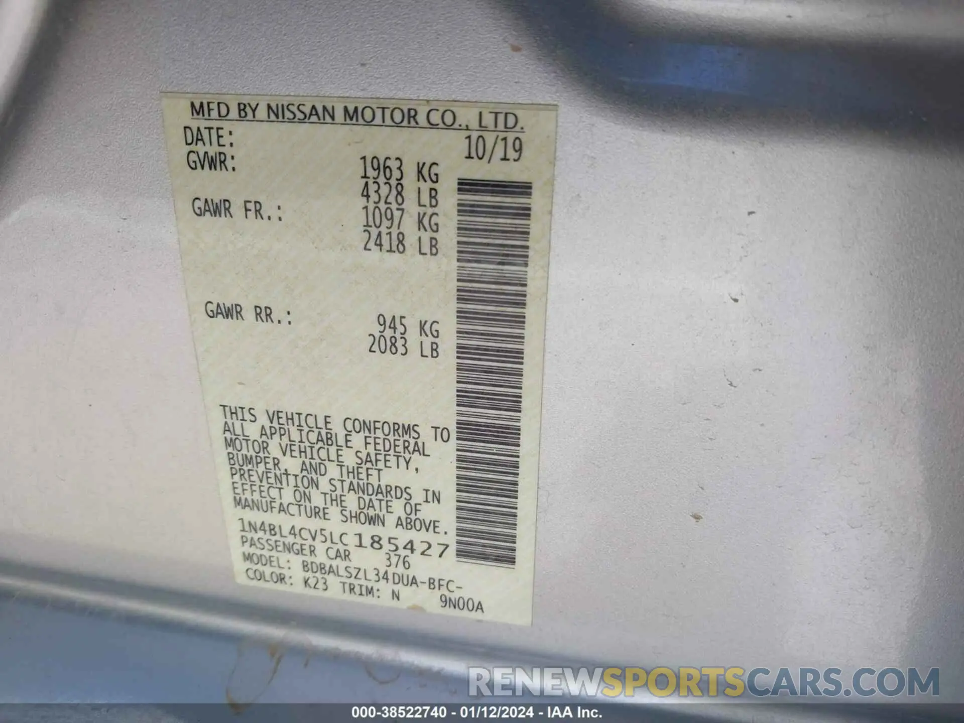 9 Photograph of a damaged car 1N4BL4CV5LC185427 NISSAN ALTIMA 2020