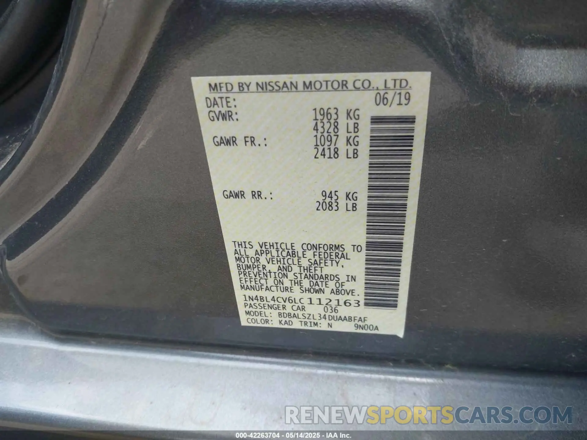9 Photograph of a damaged car 1N4BL4CV6LC112163 NISSAN ALTIMA 2020