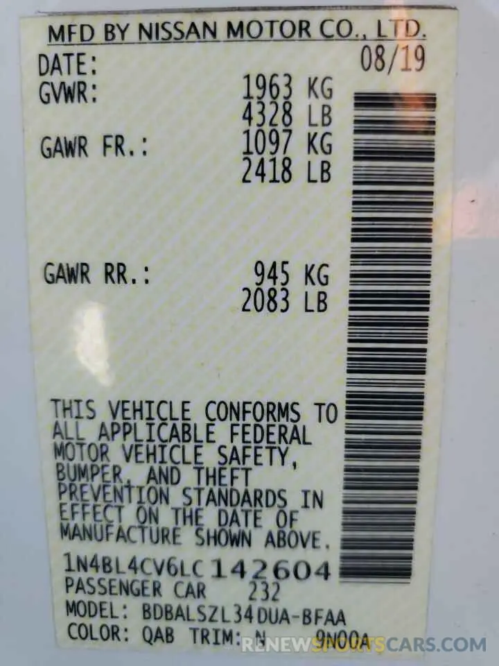 13 Photograph of a damaged car 1N4BL4CV6LC142604 NISSAN ALTIMA 2020