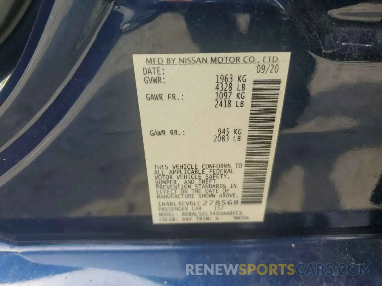 12 Photograph of a damaged car 1N4BL4CV6LC278568 NISSAN ALTIMA 2020