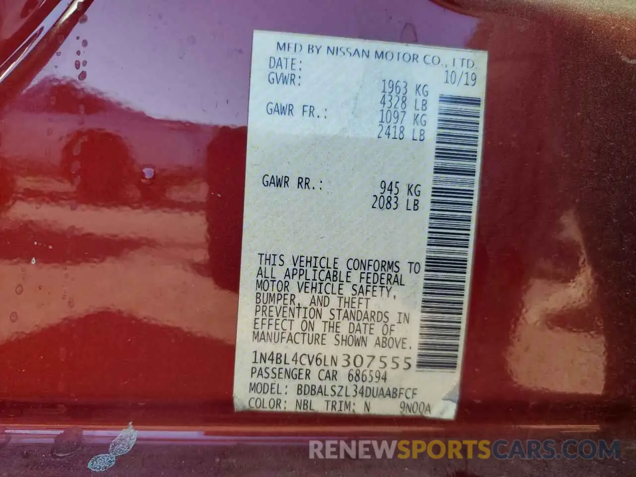 15 Фотография поврежденного автомобиля 1N4BL4CV6LN307555 NISSAN ALTIMA 2020