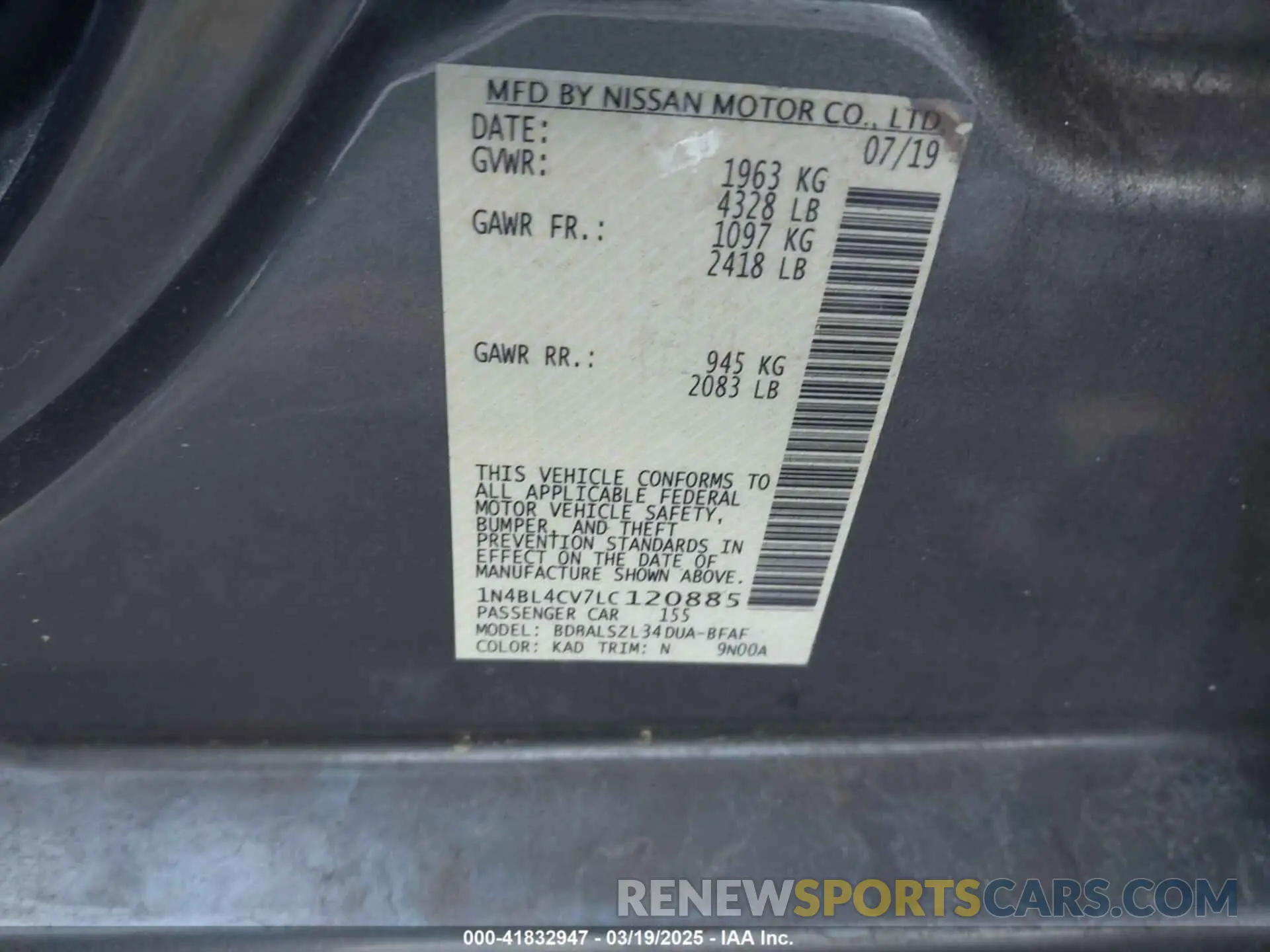 9 Фотография поврежденного автомобиля 1N4BL4CV7LC120885 NISSAN ALTIMA 2020