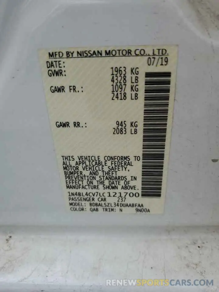 12 Photograph of a damaged car 1N4BL4CV7LC121700 NISSAN ALTIMA 2020