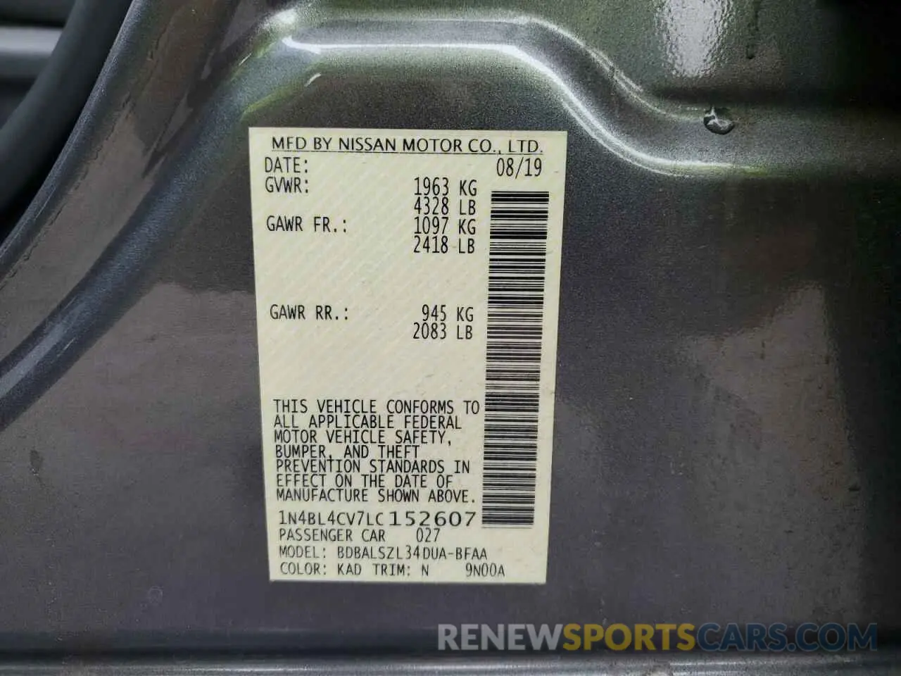 14 Photograph of a damaged car 1N4BL4CV7LC152607 NISSAN ALTIMA 2020