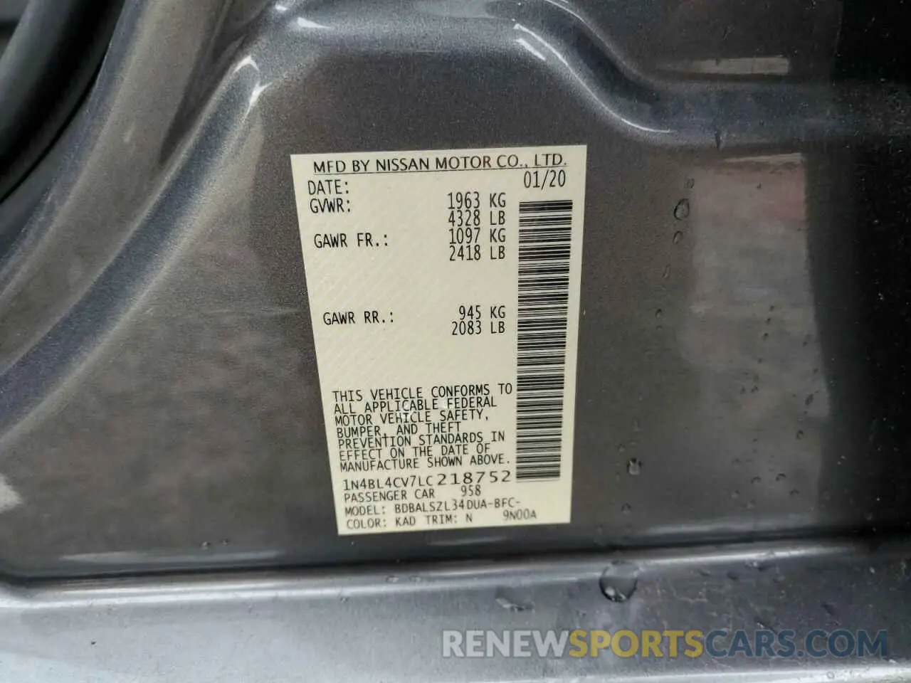 13 Photograph of a damaged car 1N4BL4CV7LC218752 NISSAN ALTIMA 2020