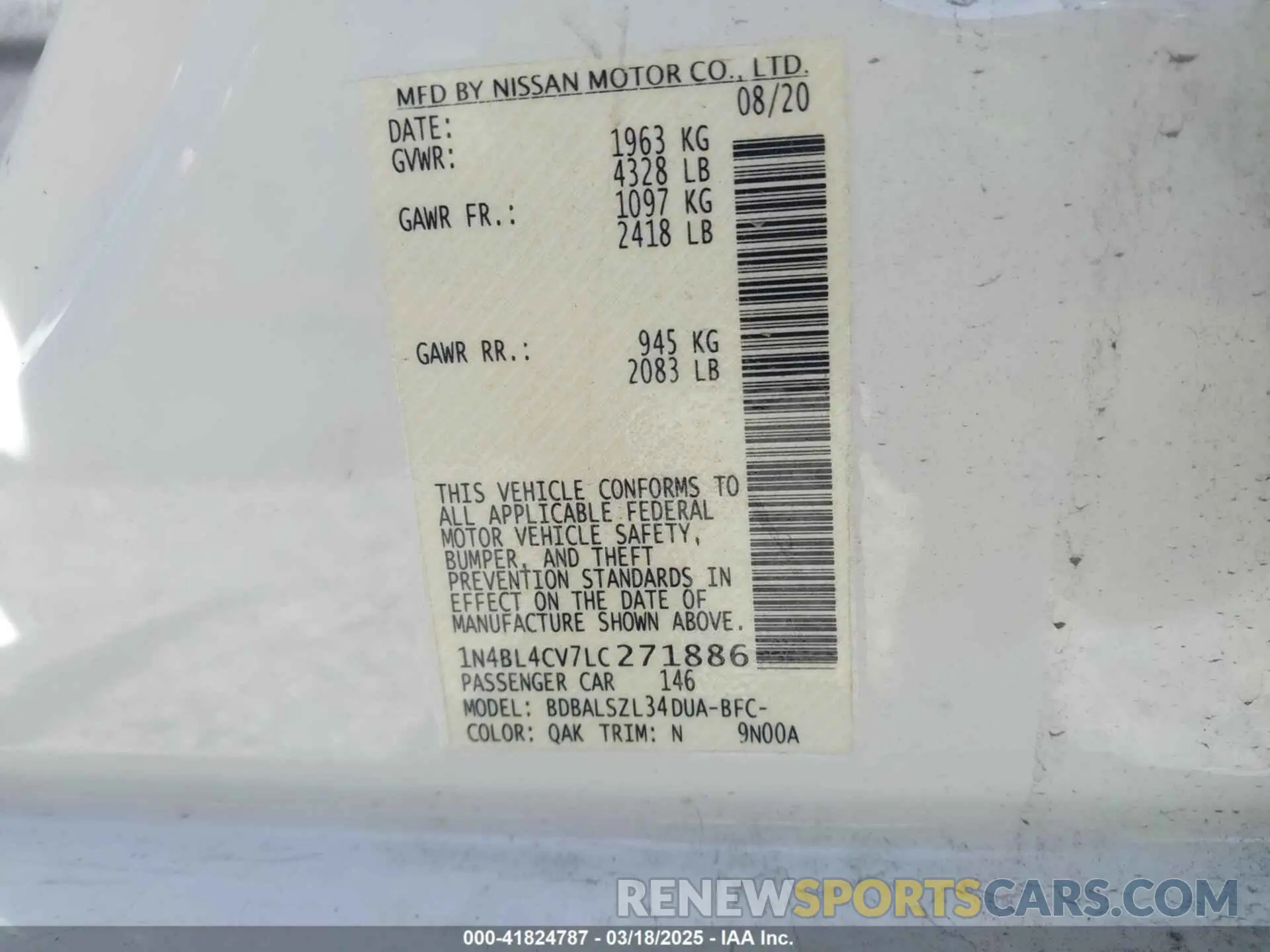 9 Photograph of a damaged car 1N4BL4CV7LC271886 NISSAN ALTIMA 2020