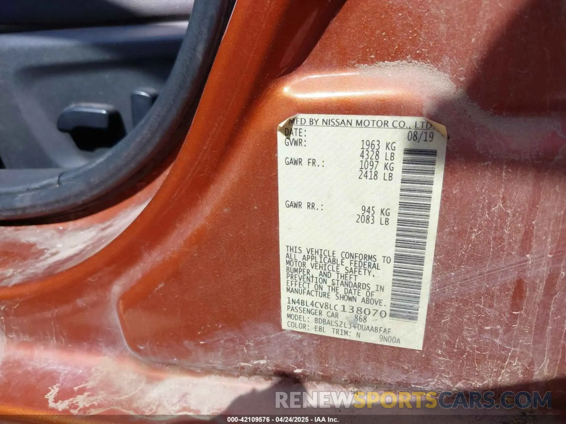 9 Photograph of a damaged car 1N4BL4CV8LC138070 NISSAN ALTIMA 2020