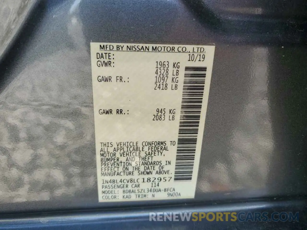 14 Photograph of a damaged car 1N4BL4CV8LC182957 NISSAN ALTIMA 2020