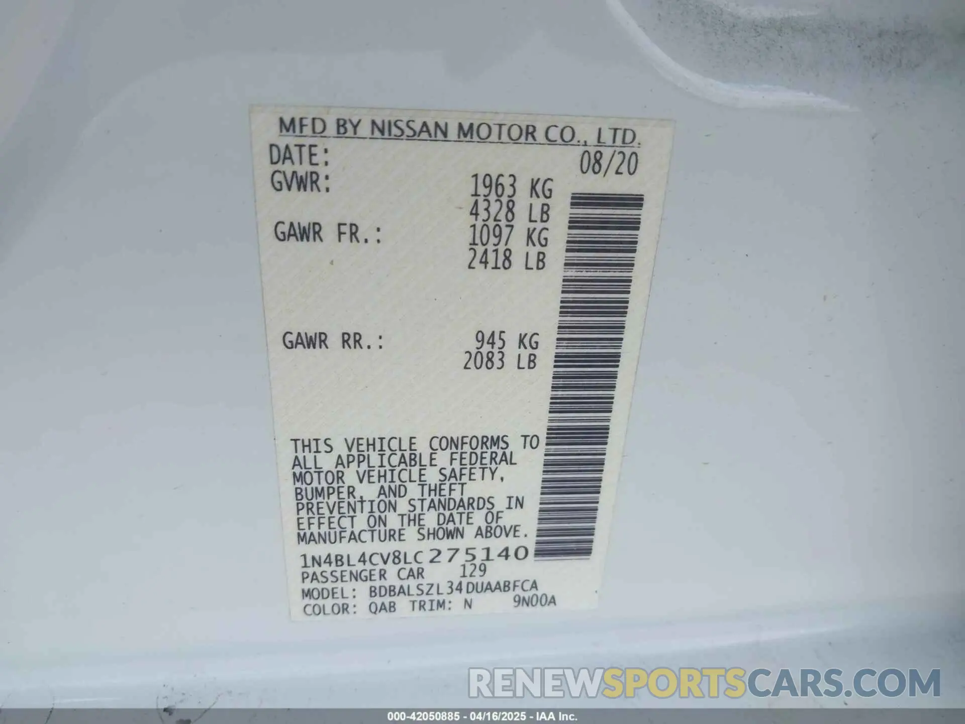 9 Фотография поврежденного автомобиля 1N4BL4CV8LC275140 NISSAN ALTIMA 2020