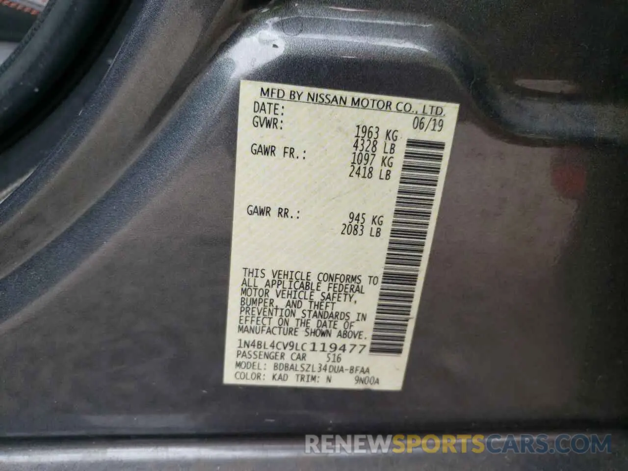 12 Фотография поврежденного автомобиля 1N4BL4CV9LC119477 NISSAN ALTIMA 2020
