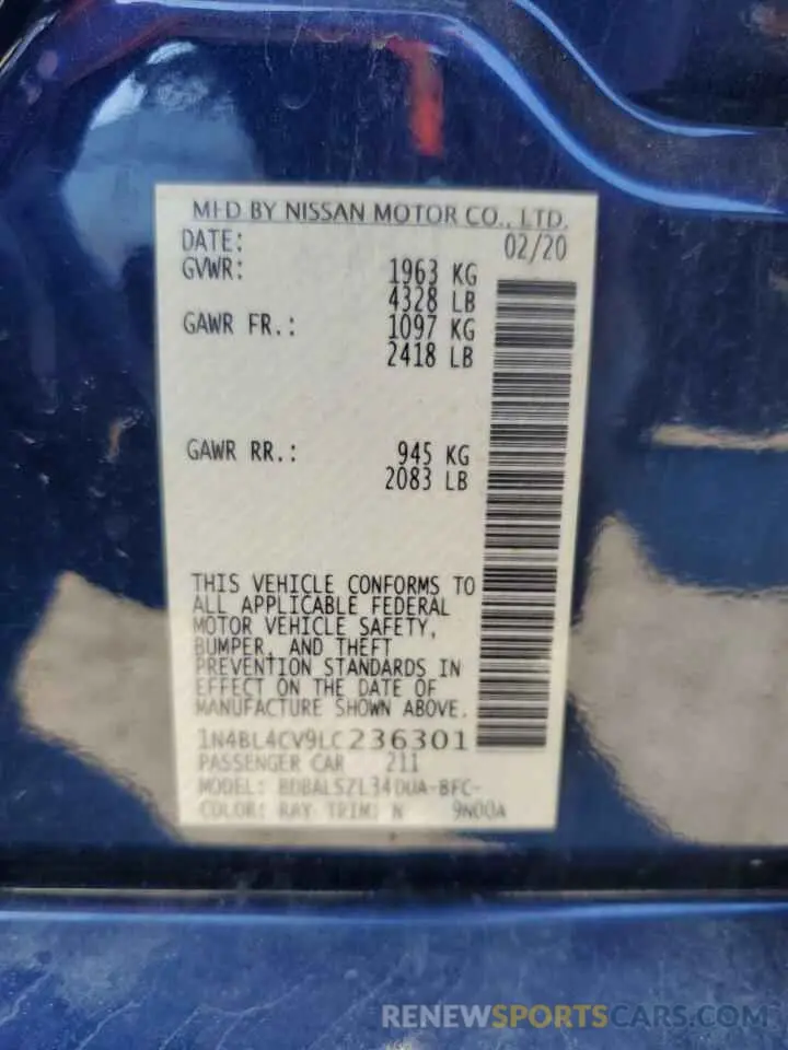 12 Photograph of a damaged car 1N4BL4CV9LC236301 NISSAN ALTIMA 2020
