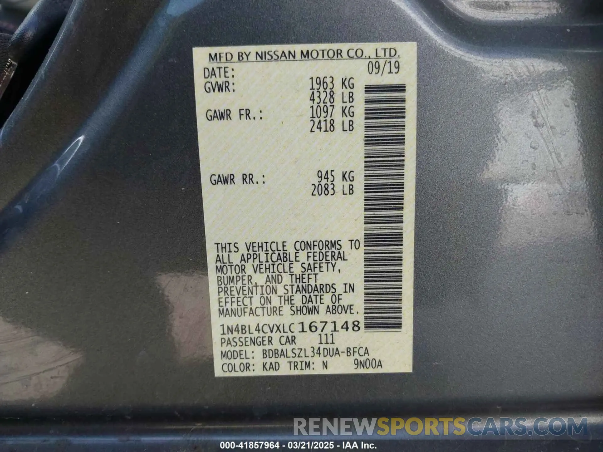 9 Photograph of a damaged car 1N4BL4CVXLC167148 NISSAN ALTIMA 2020