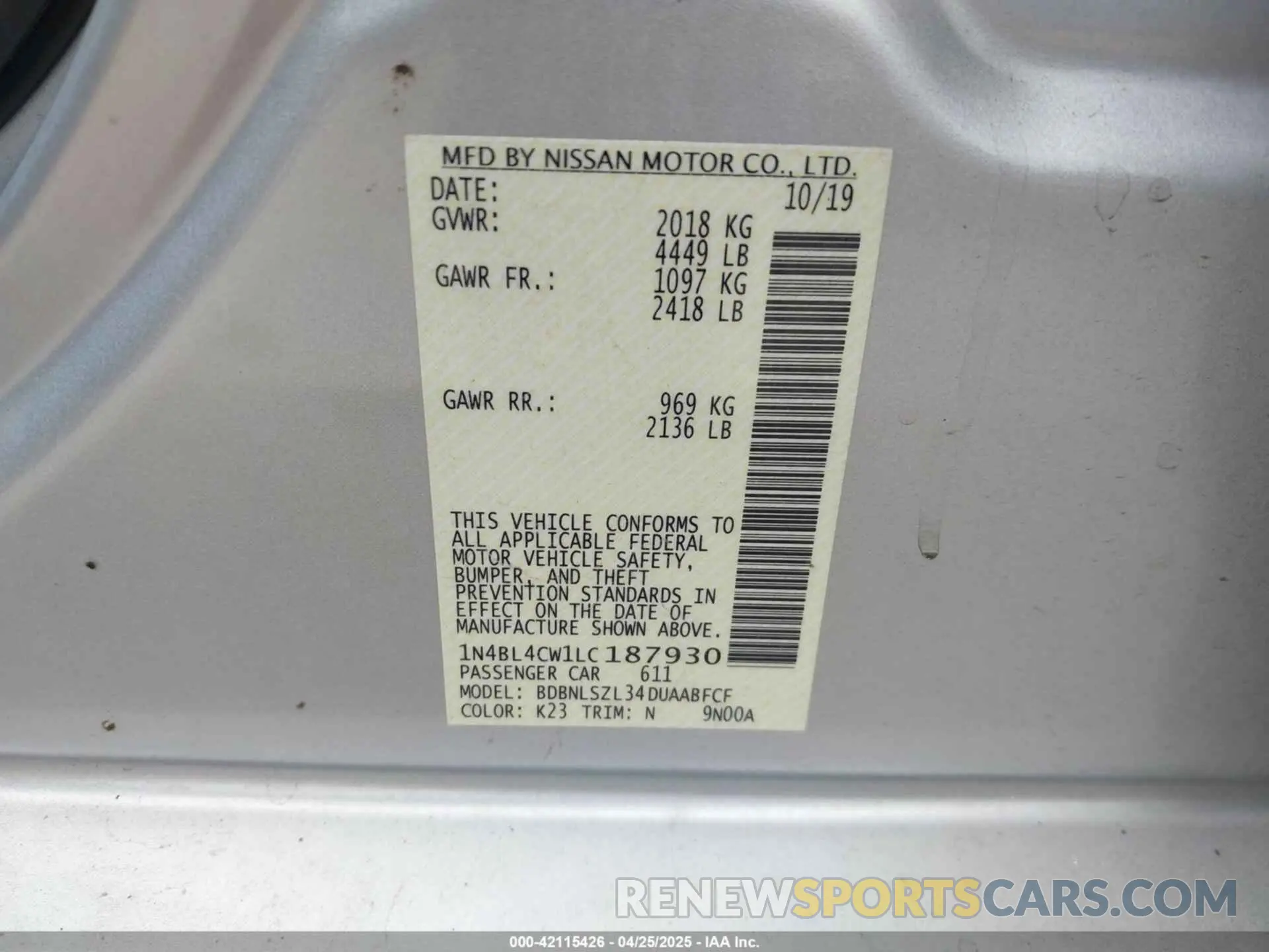 9 Photograph of a damaged car 1N4BL4CW1LC187930 NISSAN ALTIMA 2020