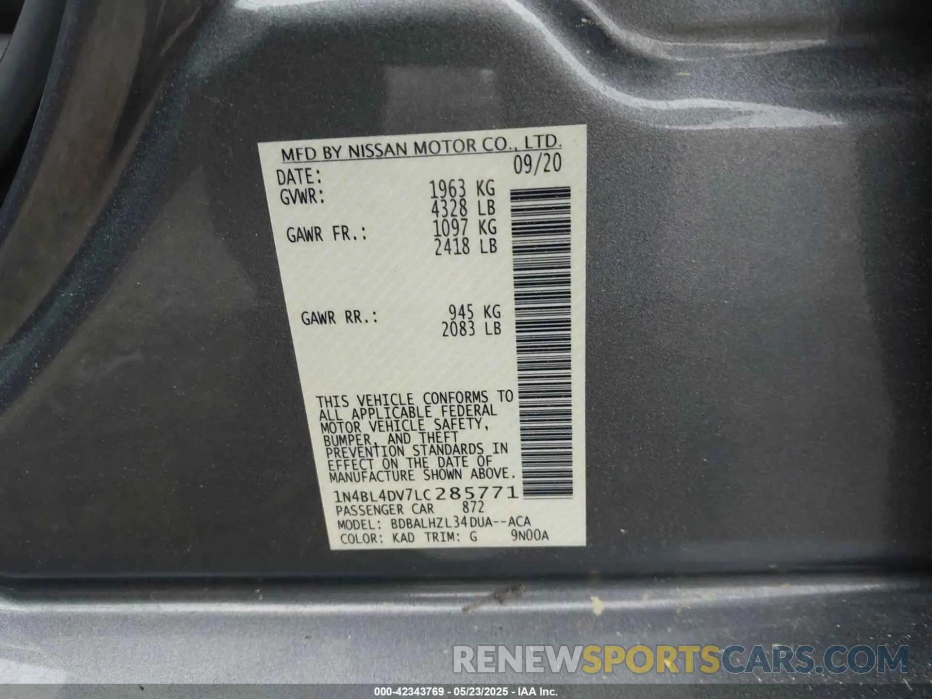 9 Фотография поврежденного автомобиля 1N4BL4DV7LC285771 NISSAN ALTIMA 2020