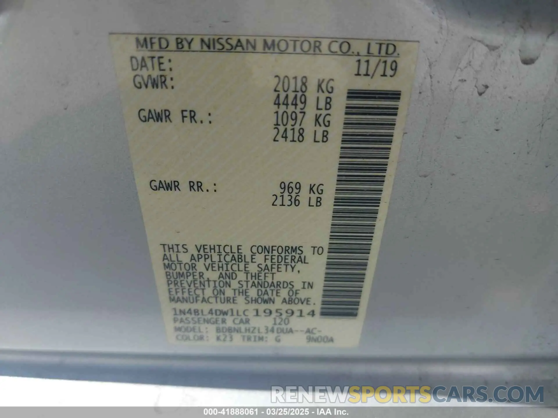9 Фотография поврежденного автомобиля 1N4BL4DW1LC195914 NISSAN ALTIMA 2020
