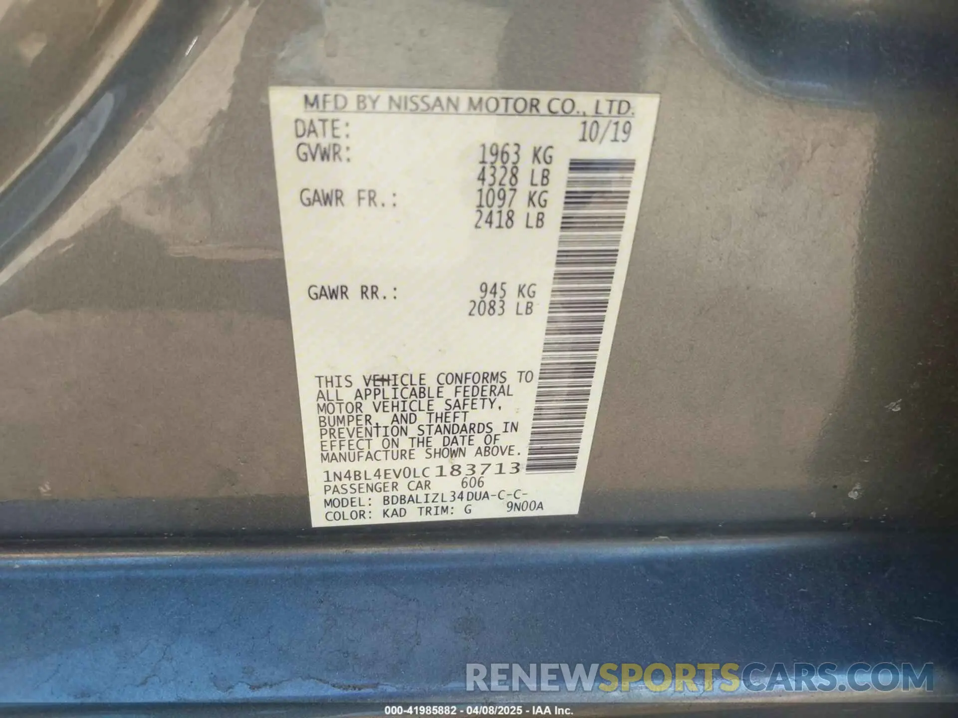 9 Фотография поврежденного автомобиля 1N4BL4EV0LC183713 NISSAN ALTIMA 2020
