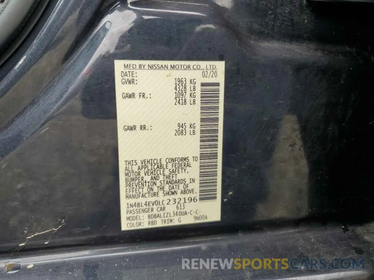 12 Photograph of a damaged car 1N4BL4EV0LC232196 NISSAN ALTIMA 2020