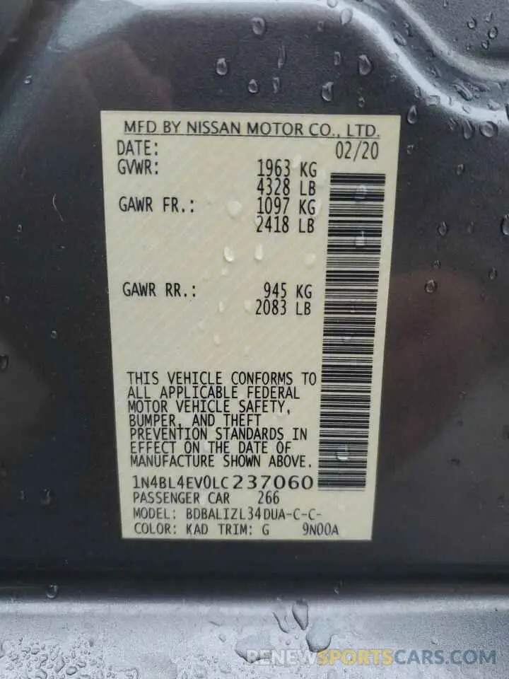 12 Photograph of a damaged car 1N4BL4EV0LC237060 NISSAN ALTIMA 2020