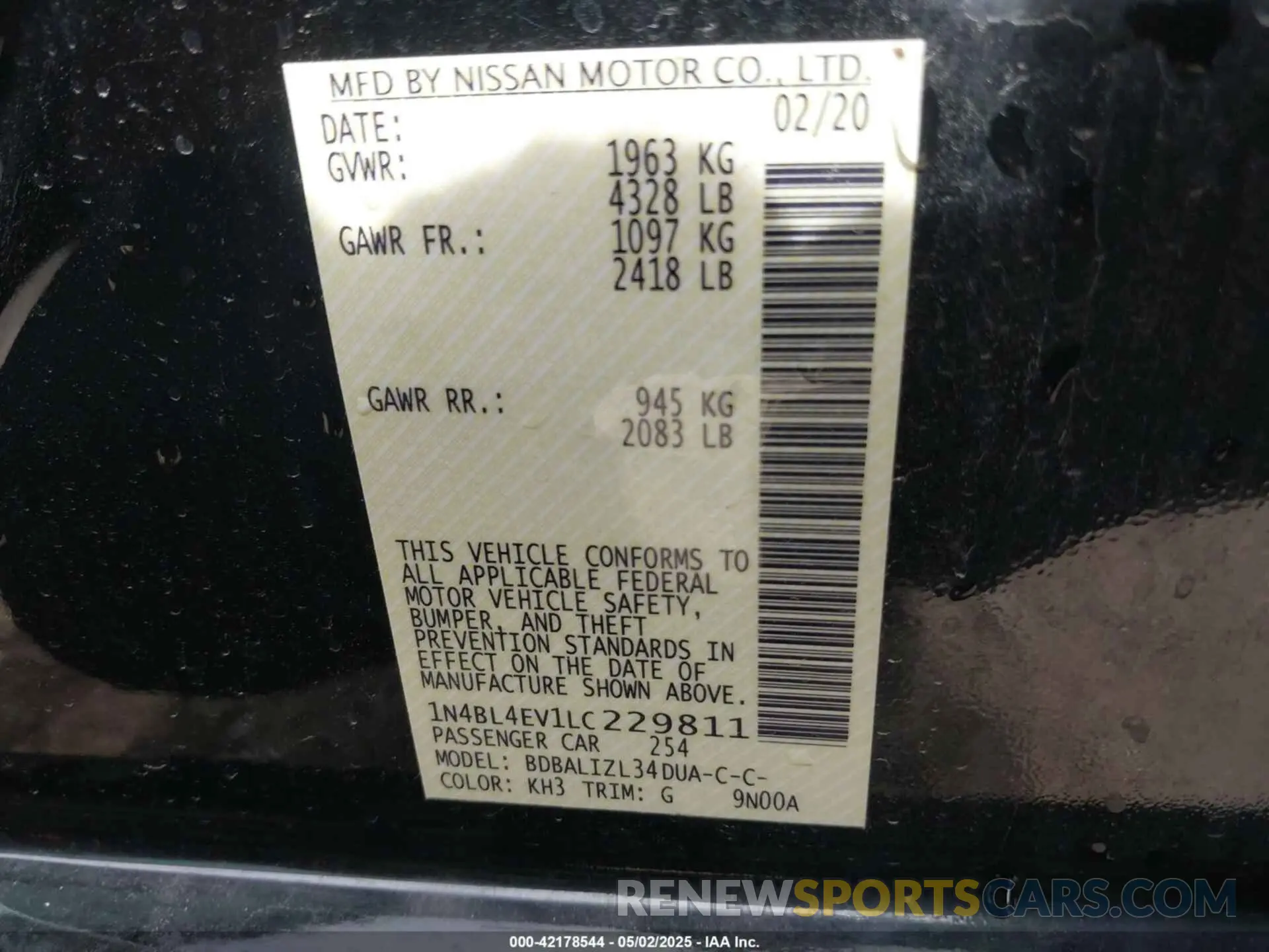 9 Photograph of a damaged car 1N4BL4EV1LC229811 NISSAN ALTIMA 2020
