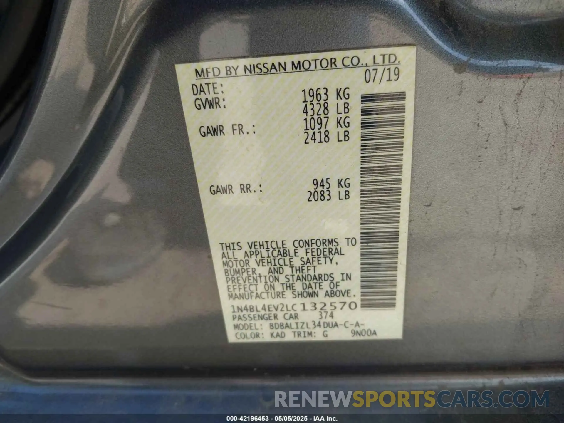 9 Фотография поврежденного автомобиля 1N4BL4EV2LC132570 NISSAN ALTIMA 2020