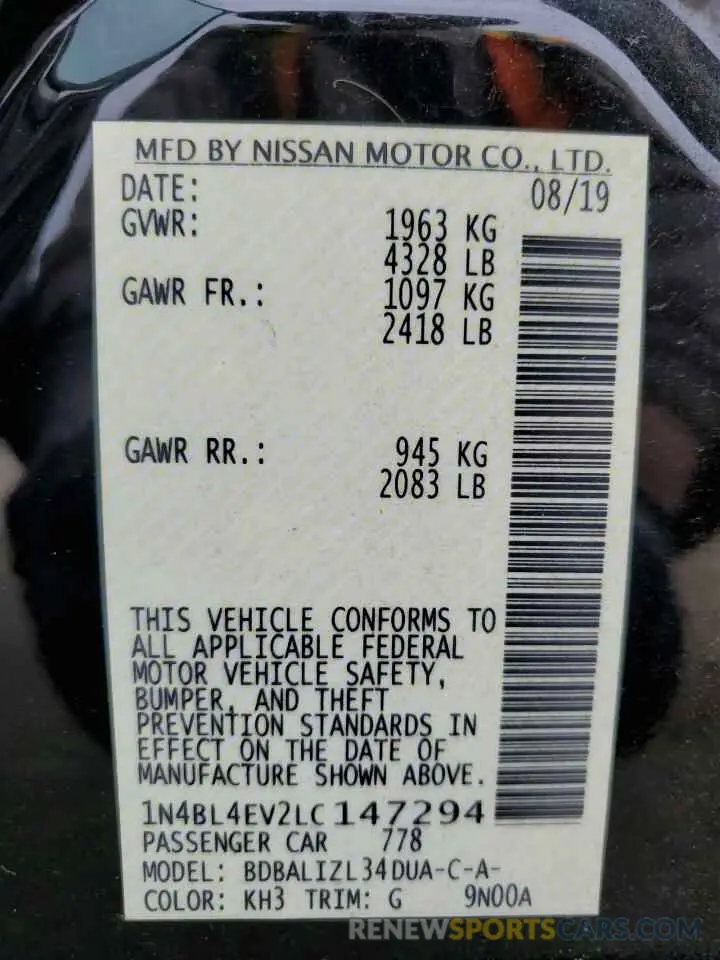 12 Photograph of a damaged car 1N4BL4EV2LC147294 NISSAN ALTIMA 2020