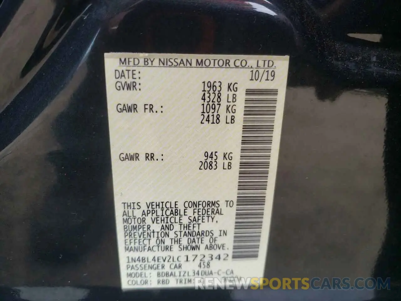 15 Photograph of a damaged car 1N4BL4EV2LC172342 NISSAN ALTIMA 2020