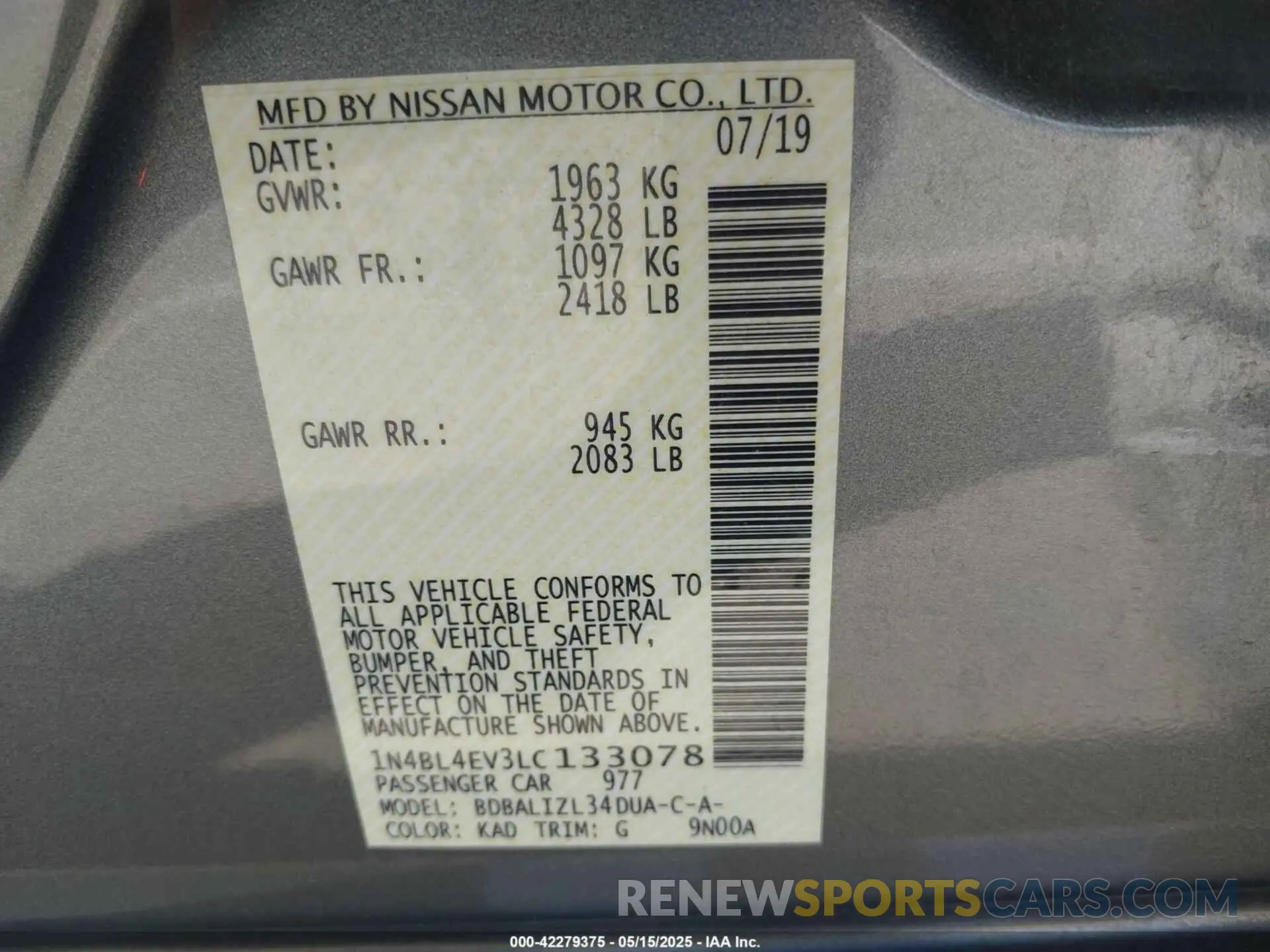 9 Photograph of a damaged car 1N4BL4EV3LC133078 NISSAN ALTIMA 2020
