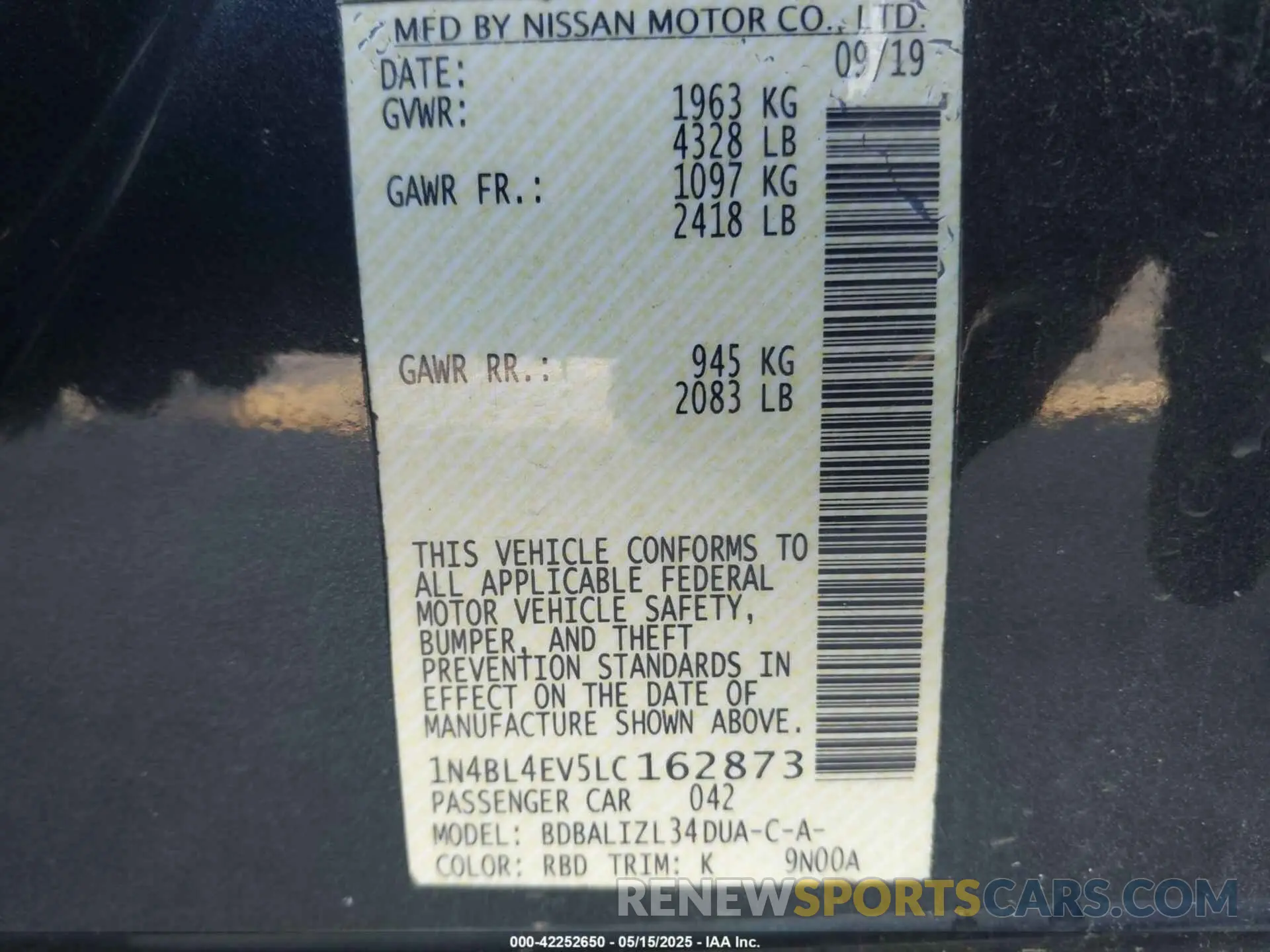 9 Фотография поврежденного автомобиля 1N4BL4EV5LC162873 NISSAN ALTIMA 2020