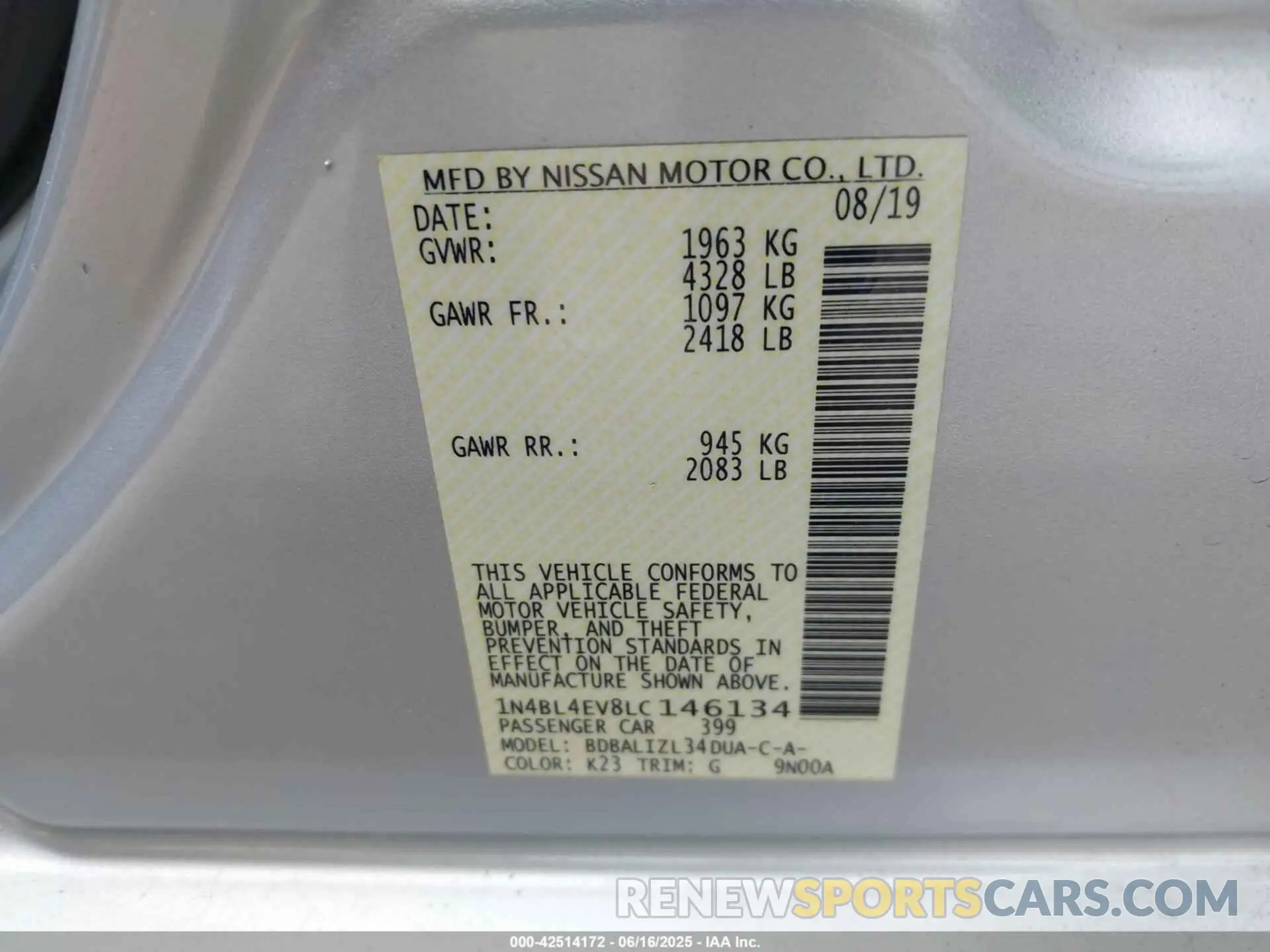 9 Фотография поврежденного автомобиля 1N4BL4EV8LC146134 NISSAN ALTIMA 2020