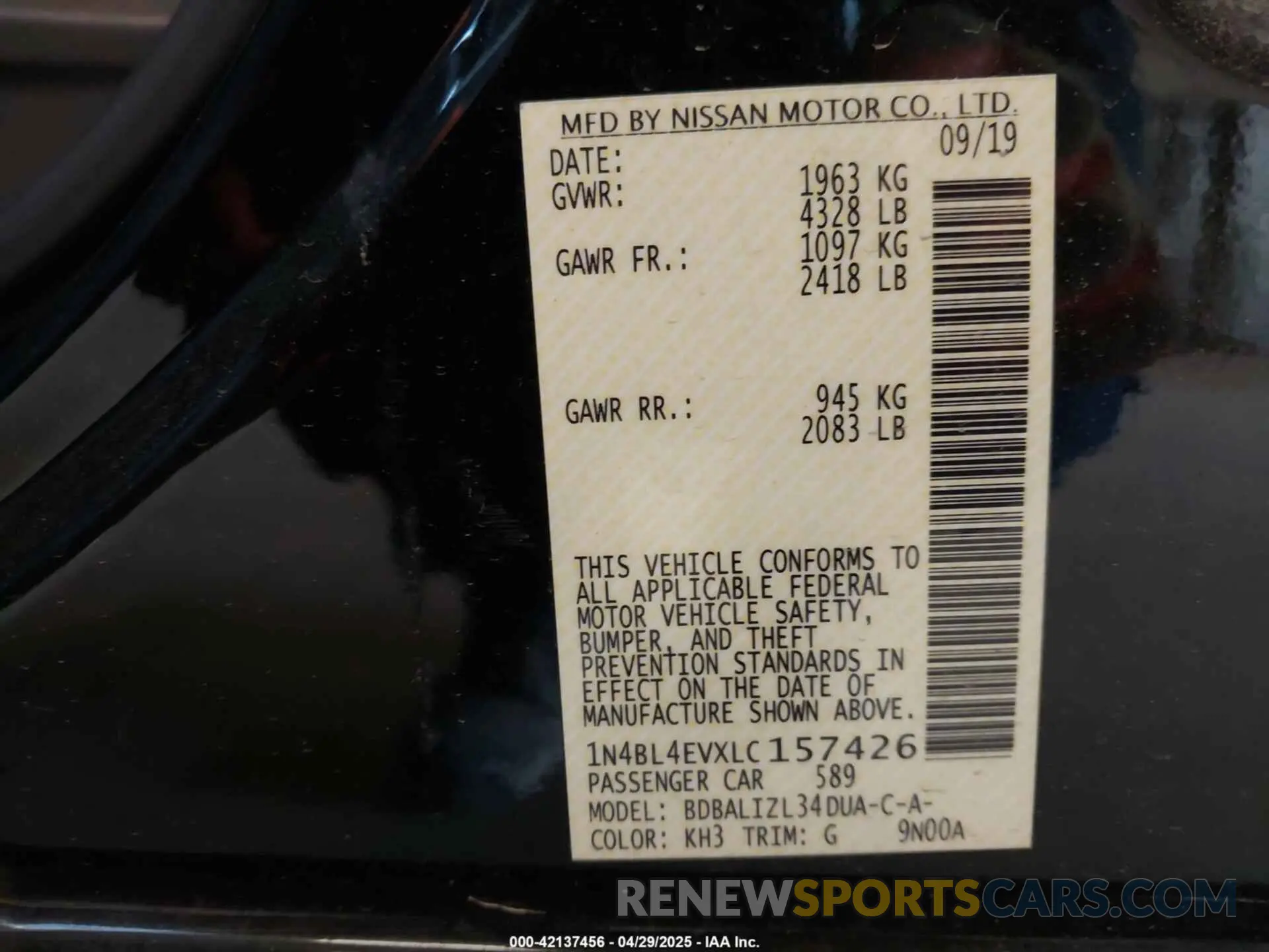 9 Photograph of a damaged car 1N4BL4EVXLC157426 NISSAN ALTIMA 2020