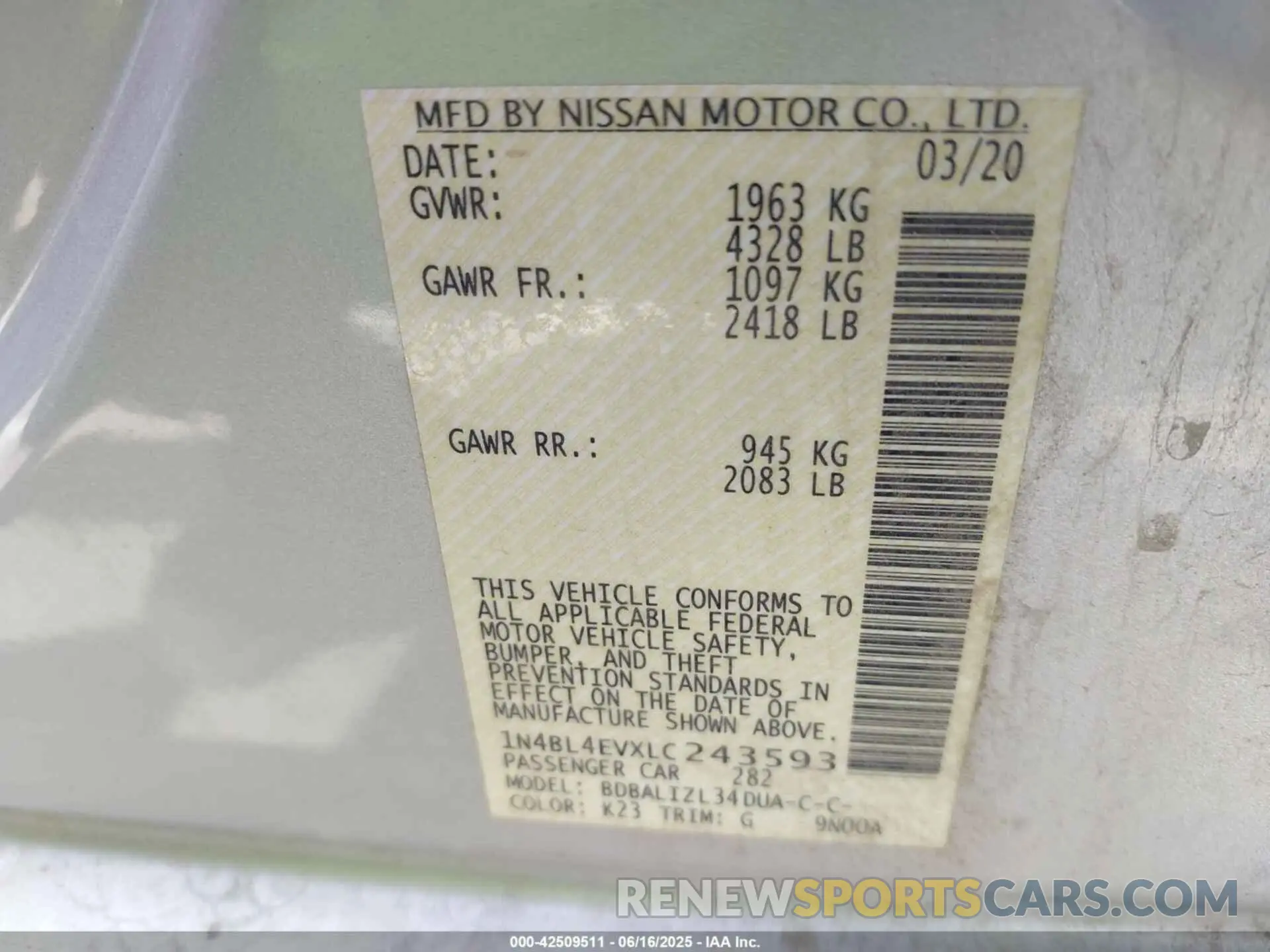 9 Photograph of a damaged car 1N4BL4EVXLC243593 NISSAN ALTIMA 2020