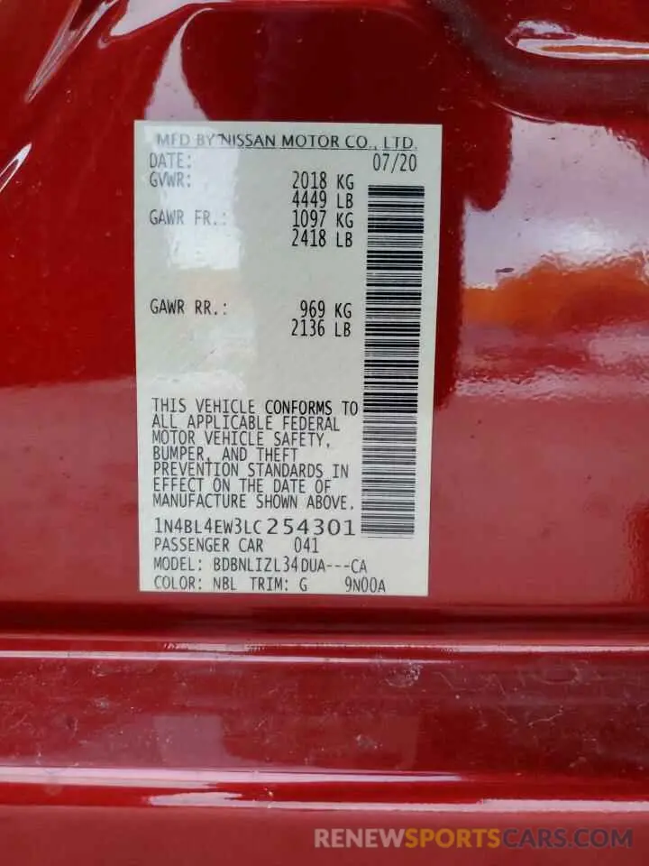 13 Photograph of a damaged car 1N4BL4EW3LC254301 NISSAN ALTIMA 2020