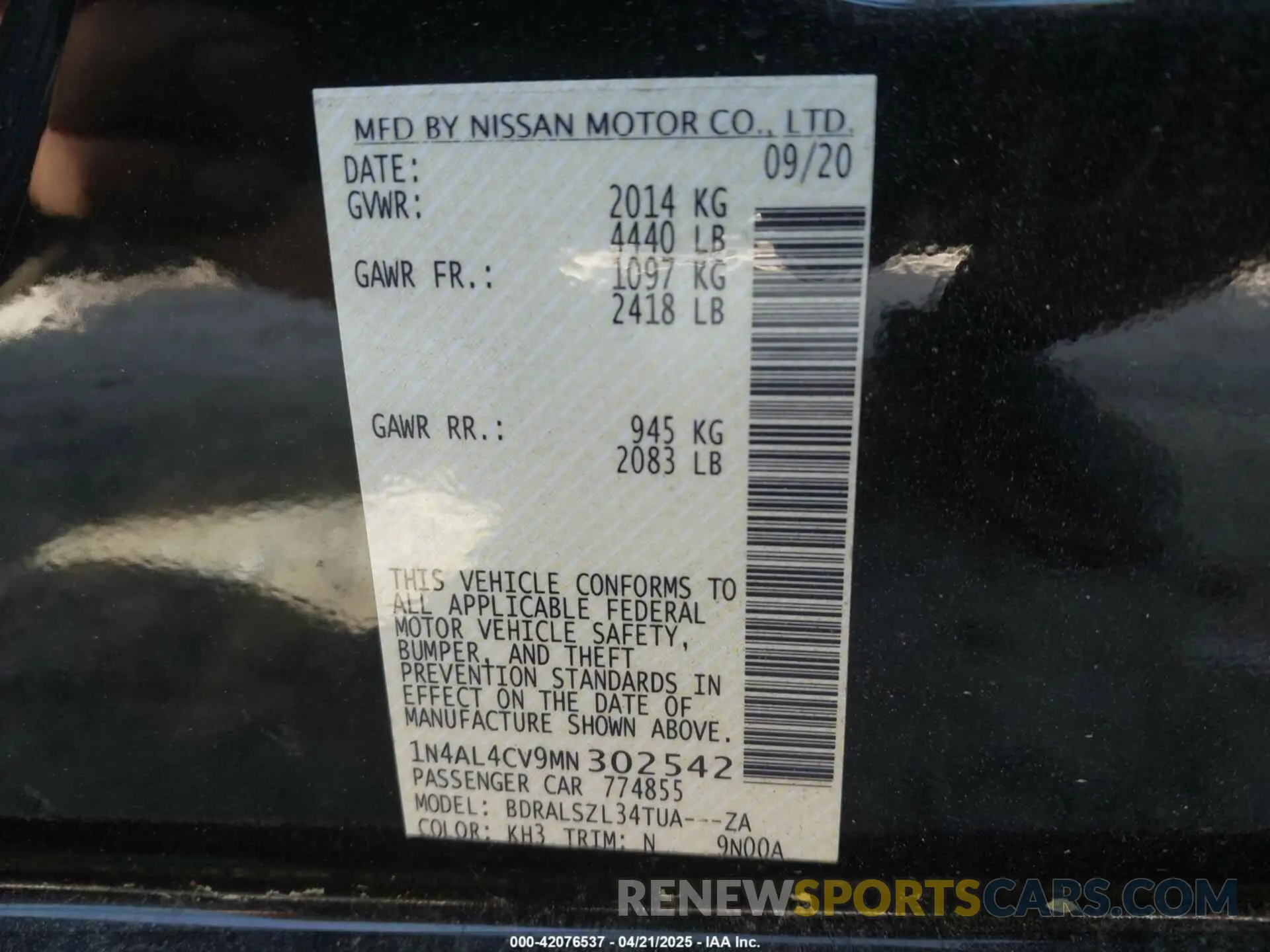 9 Photograph of a damaged car 1N4AL4CV9MN302542 NISSAN ALTIMA 2021