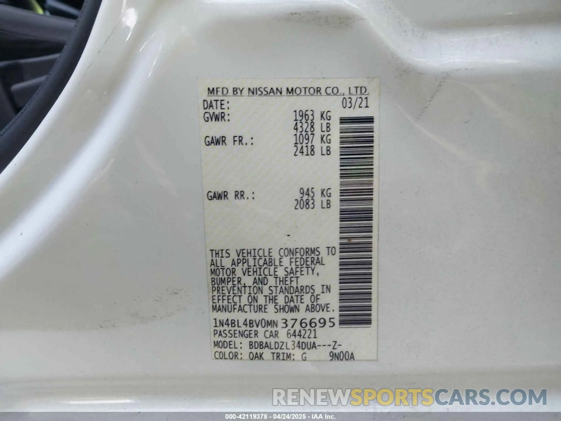 9 Фотография поврежденного автомобиля 1N4BL4BV0MN376695 NISSAN ALTIMA 2021