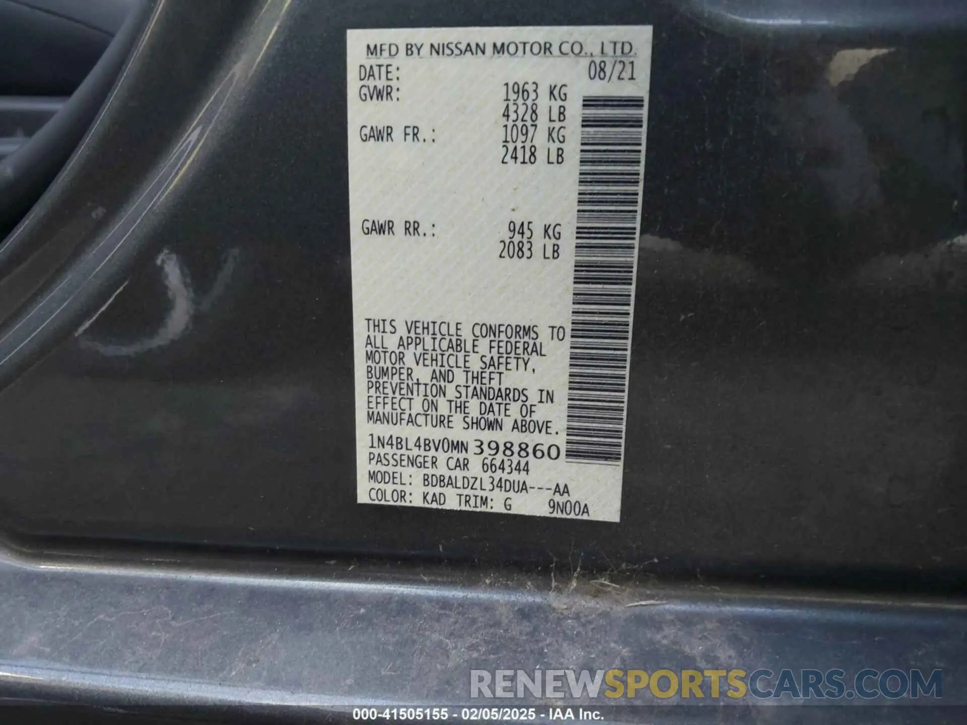 9 Photograph of a damaged car 1N4BL4BV0MN398860 NISSAN ALTIMA 2021