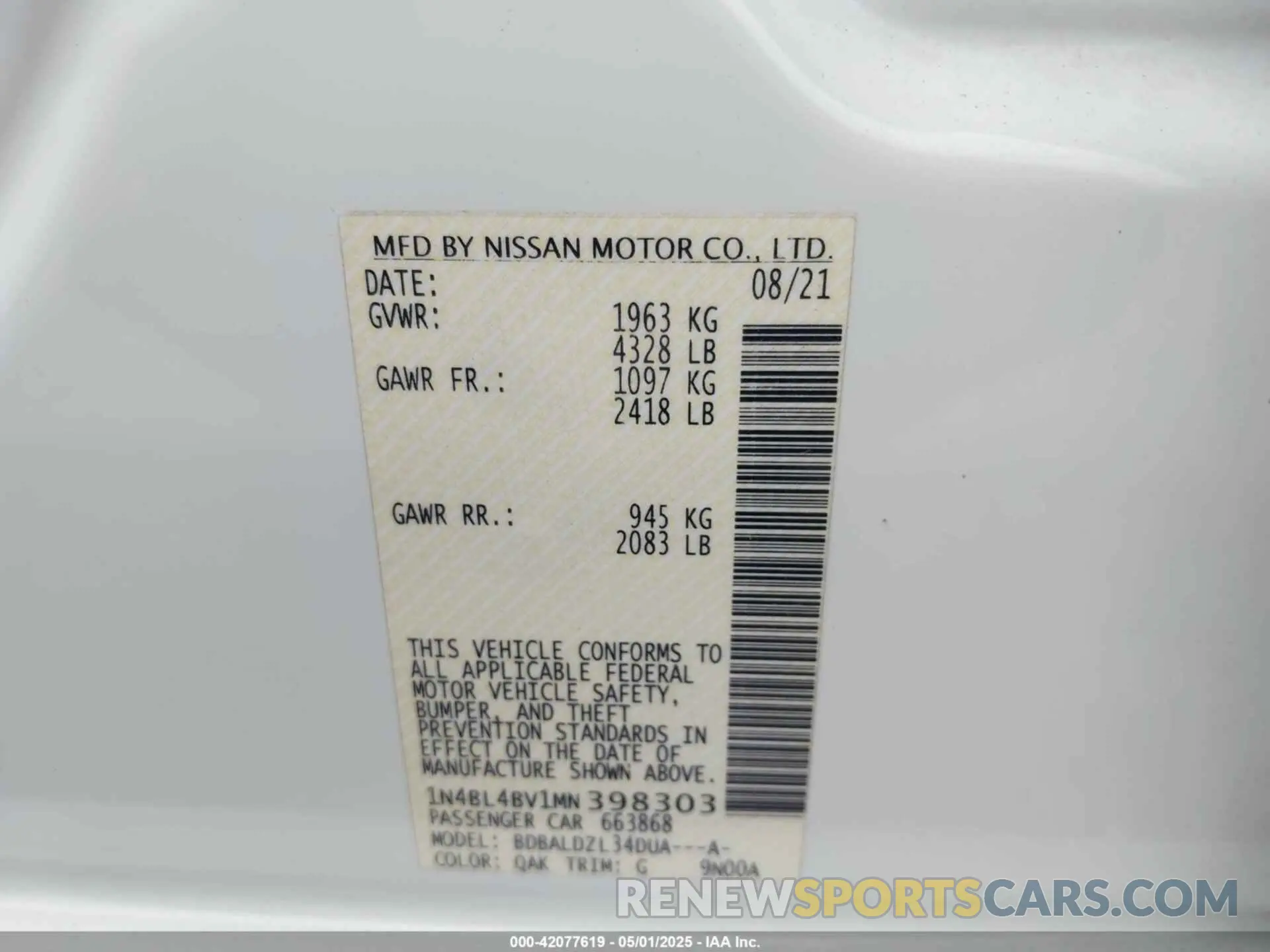 9 Photograph of a damaged car 1N4BL4BV1MN398303 NISSAN ALTIMA 2021