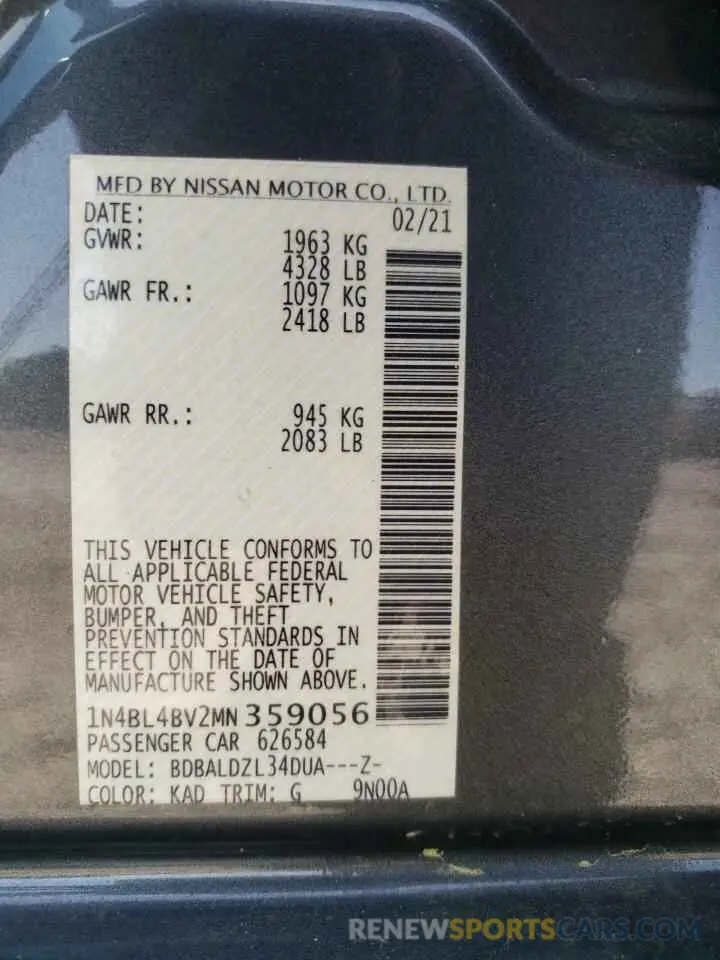 13 Фотография поврежденного автомобиля 1N4BL4BV2MN359056 NISSAN ALTIMA 2021