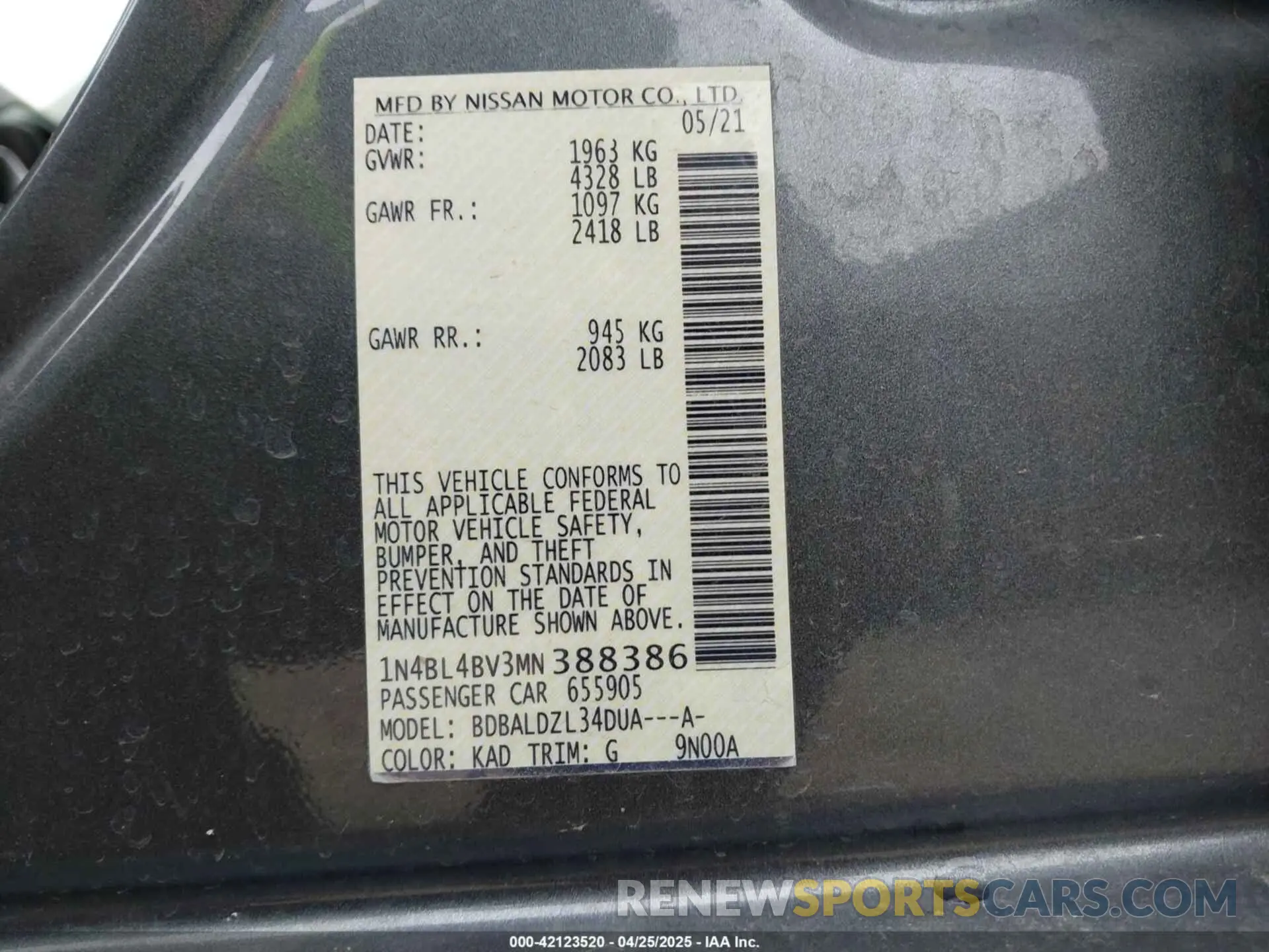 9 Photograph of a damaged car 1N4BL4BV3MN388386 NISSAN ALTIMA 2021