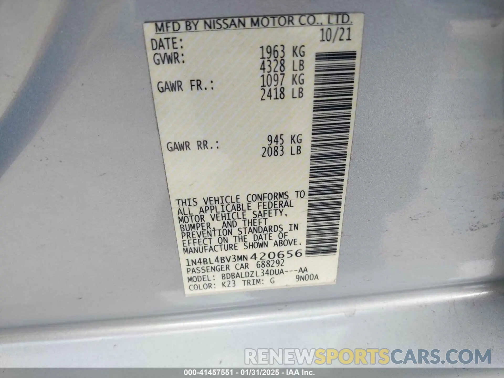 9 Photograph of a damaged car 1N4BL4BV3MN420656 NISSAN ALTIMA 2021