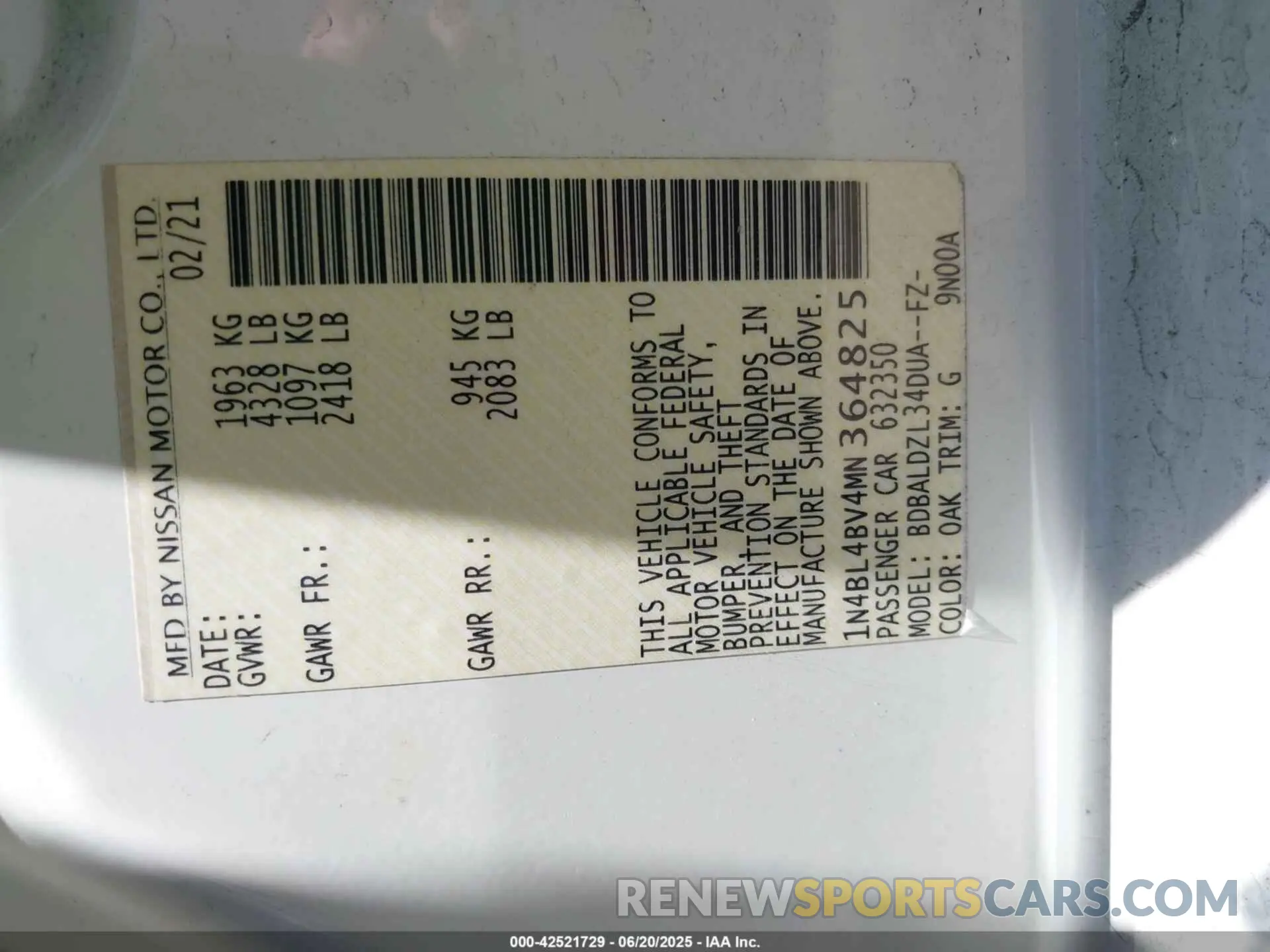 9 Фотография поврежденного автомобиля 1N4BL4BV4MN364825 NISSAN ALTIMA 2021