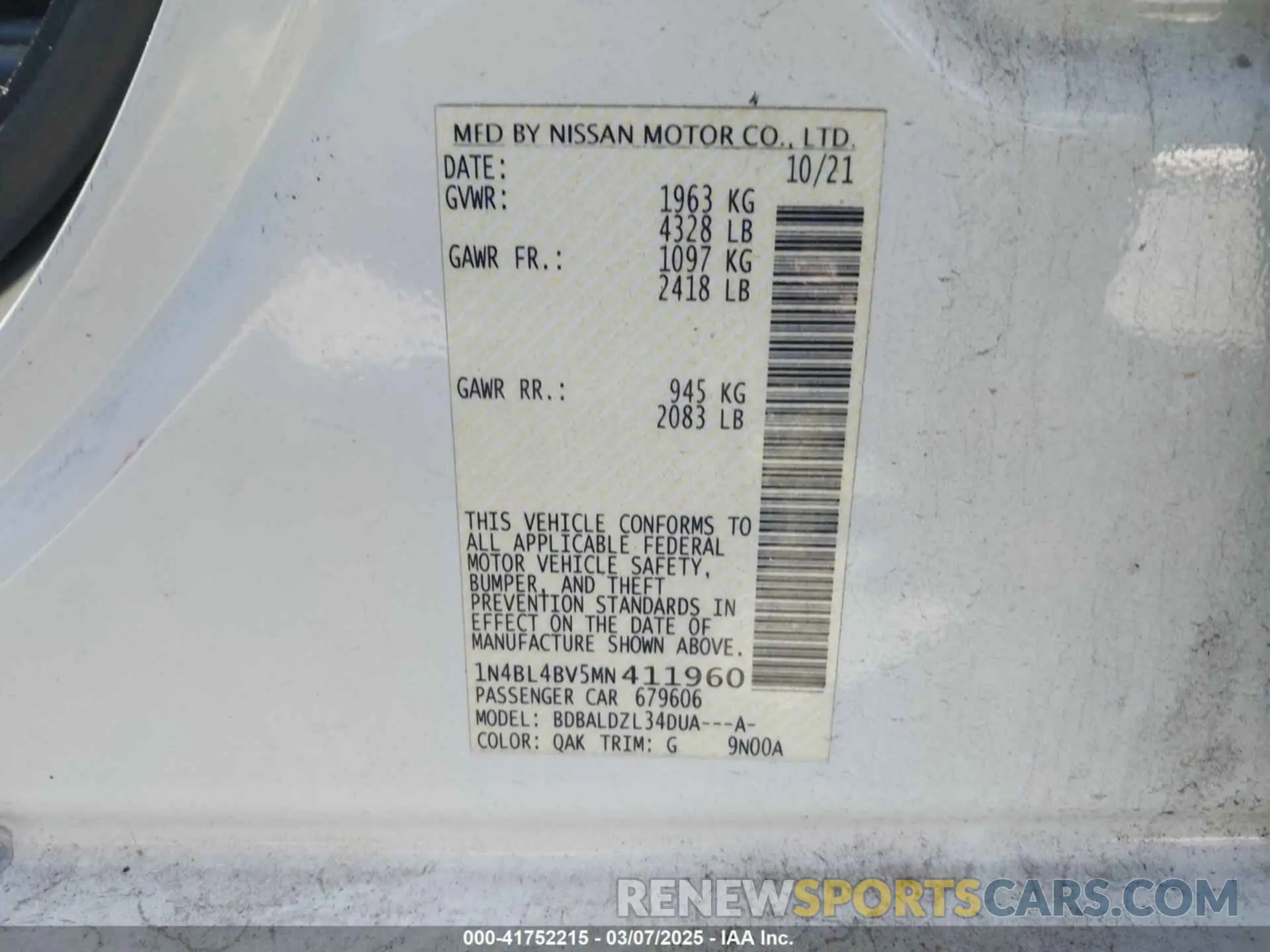 9 Photograph of a damaged car 1N4BL4BV5MN411960 NISSAN ALTIMA 2021