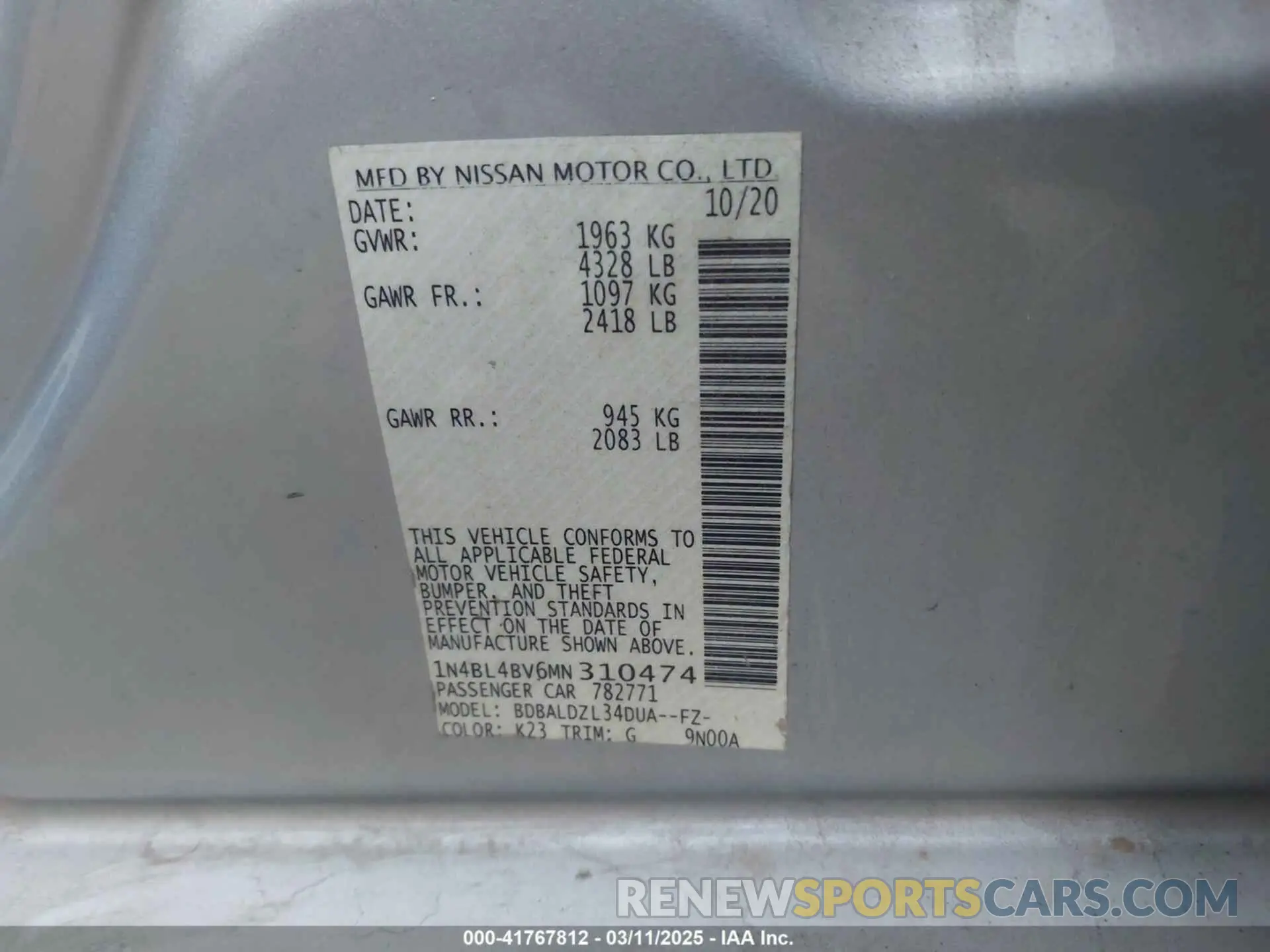 9 Фотография поврежденного автомобиля 1N4BL4BV6MN310474 NISSAN ALTIMA 2021