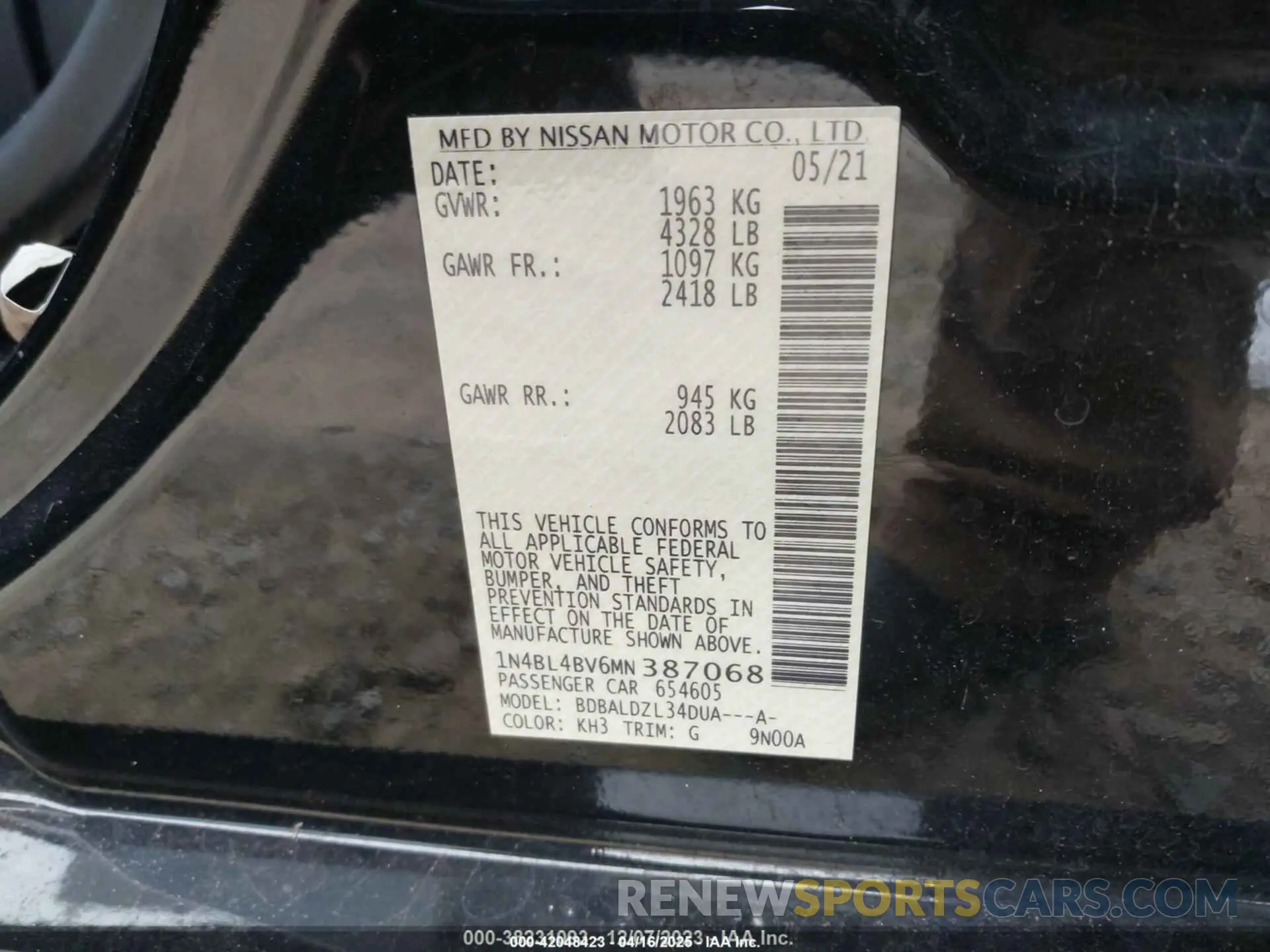 9 Photograph of a damaged car 1N4BL4BV6MN387068 NISSAN ALTIMA 2021