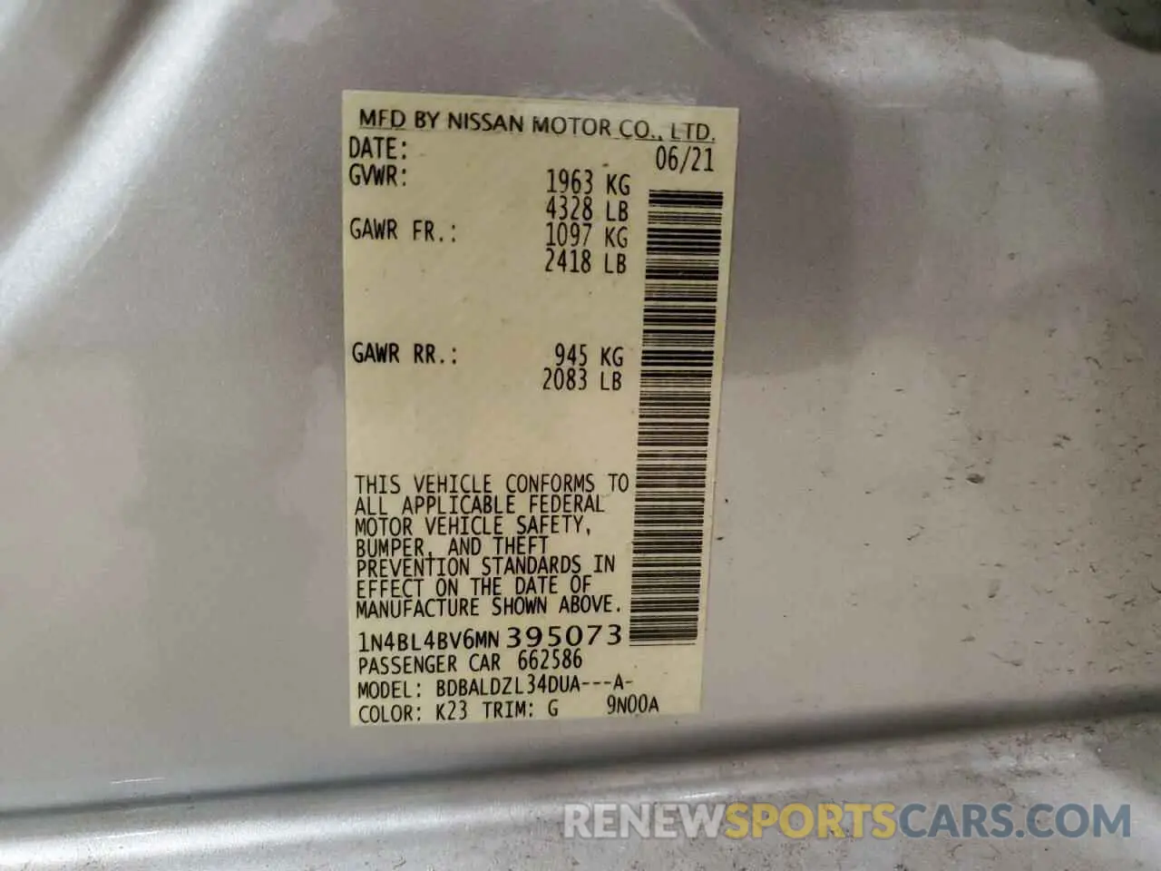12 Фотография поврежденного автомобиля 1N4BL4BV6MN395073 NISSAN ALTIMA 2021