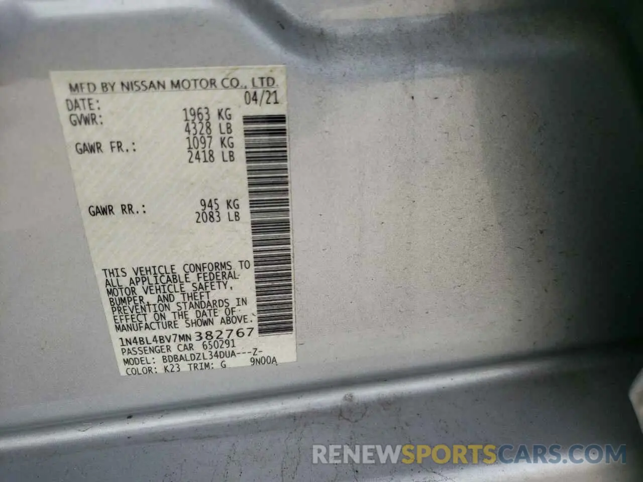 12 Фотография поврежденного автомобиля 1N4BL4BV7MN382767 NISSAN ALTIMA 2021