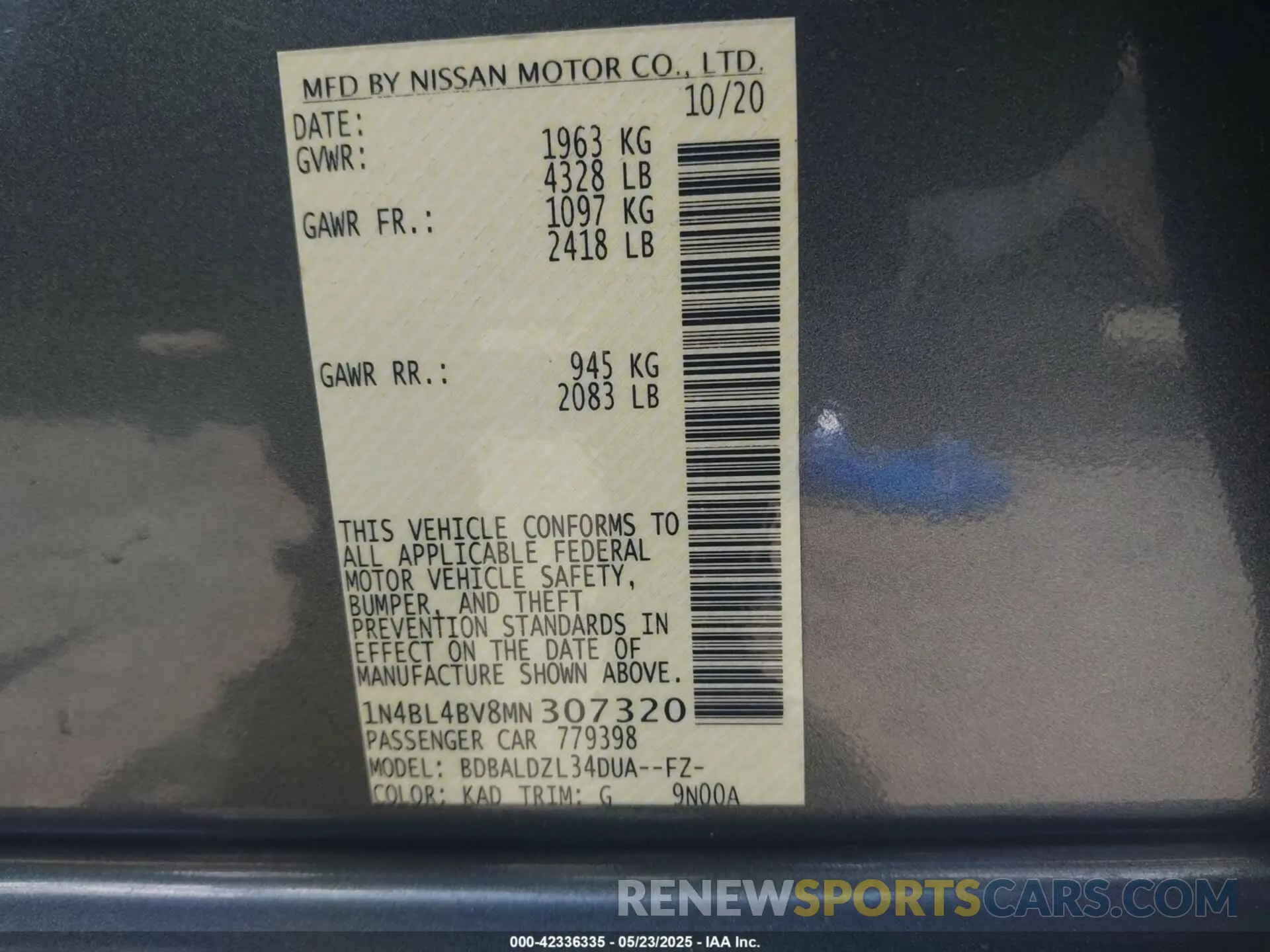 9 Photograph of a damaged car 1N4BL4BV8MN307320 NISSAN ALTIMA 2021