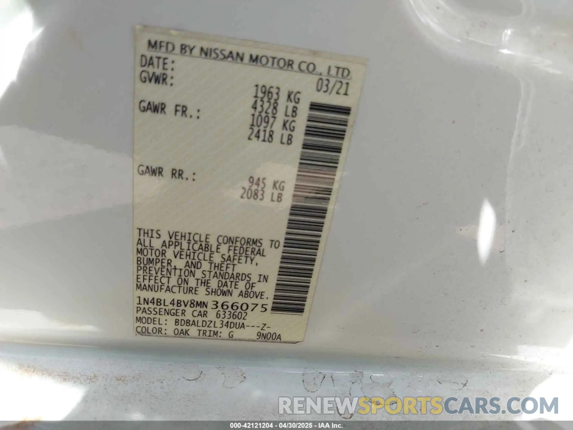 9 Фотография поврежденного автомобиля 1N4BL4BV8MN366075 NISSAN ALTIMA 2021