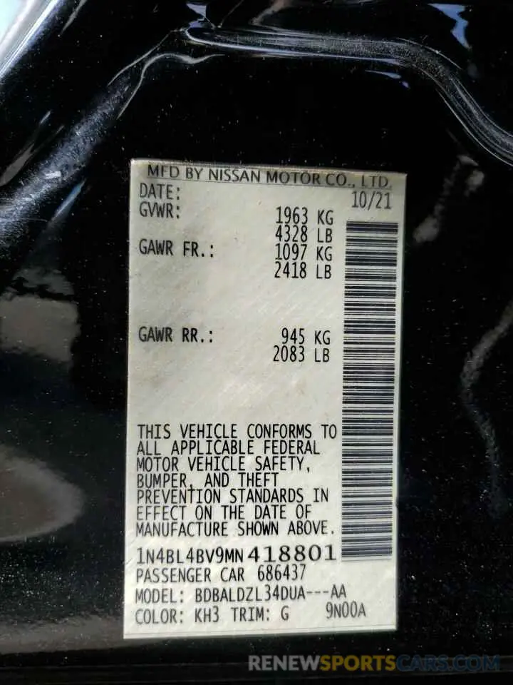 13 Фотография поврежденного автомобиля 1N4BL4BV9MN418801 NISSAN ALTIMA 2021