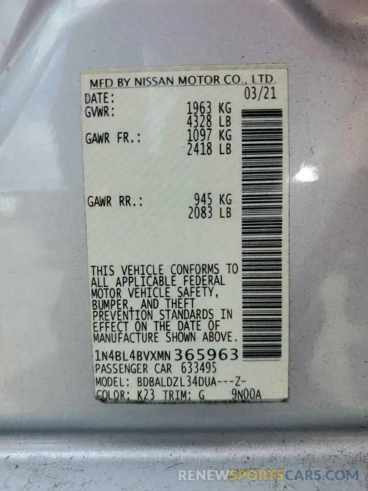 12 Фотография поврежденного автомобиля 1N4BL4BVXMN365963 NISSAN ALTIMA 2021